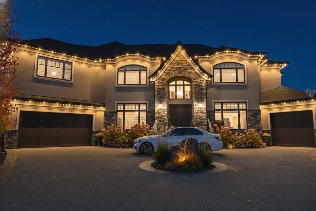 Architectural lighting on residential roofline – warm white soffit lights